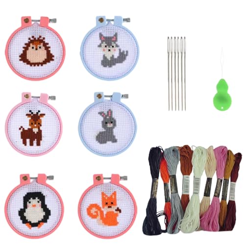 6 Sets Tiermuster Kreuzstich Set Anfänger Kinder Dschungel Stickerei Starter Set Stickstich-Kit Kreuzstich mit Anleitung Für DIY Schlüsselanhänger, Rucksack Charms, Ornamente und Nadel Handwerk von MIGIFTDY