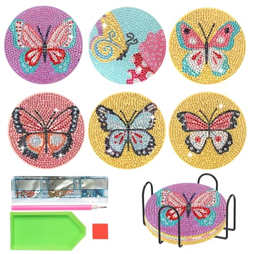 6 Stück DIY Schmetterling 5D Diamond Painting Coasters, Diamond Painting Untersetzer mit Halter, Diamond Art Painting Untersetzer für Anfänger, Erwachsene, Kinder Büro Home Decor. von MIGIFTDY