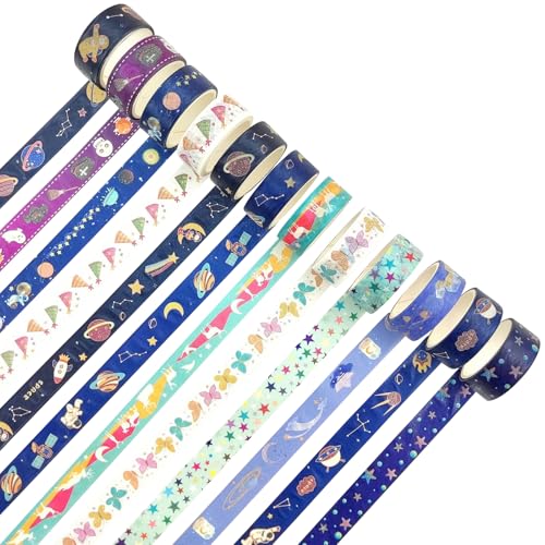 MIGIFTDY 1 Pack von 12 Rollen Sternenhimmel Dekoration Tape Washi Tape Set Klebeband Papier Dekorativ Masking Tape Klebeband Bunt für DIY Handwerk Lippenstift Sticker Urlaub Dekoration Office von MIGIFTDY