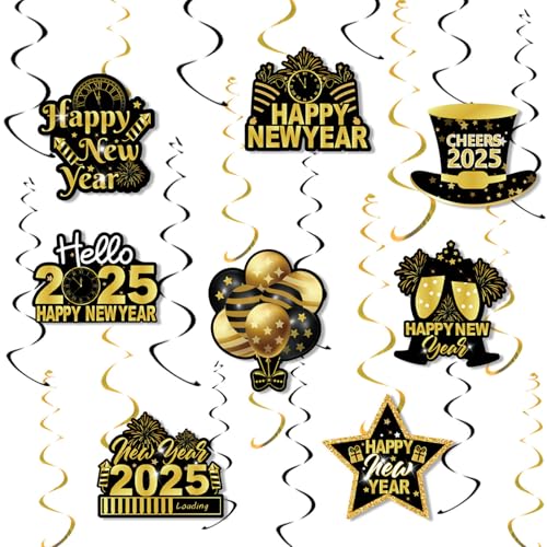 Silvester Deko 2025 Set Schwarz Gold, Silvester Deko 2025 Dekoration Set, Happy New Year Girlande, Neujahr Silvesterdeko, Silvesterpartydeko Accessoire Fotorequisiten für Silvesterparty von MIGIFTDY