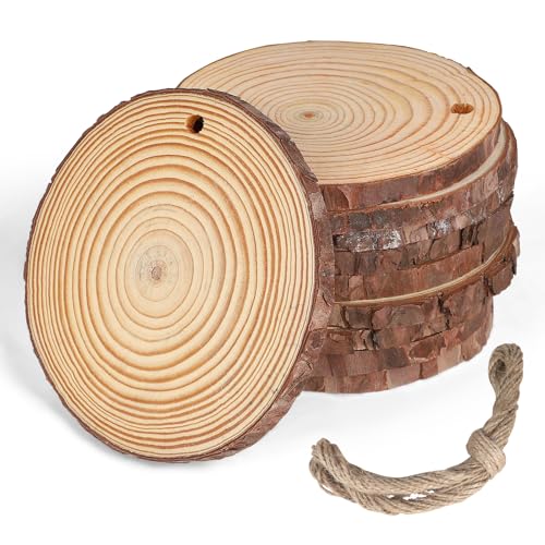 MIGUBIGU 10 Stücke Holzscheiben Natürliche Runde mit Loch, Holz Log Scheibenmit 5m Jute Seil, Unvollendete Holzkreise für DIY Basteln, Dekorieren, Untersetzer, zum Basteln, Aufhängen 13-14cm von MIGUBIGU