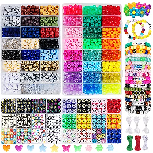 MIIIM 3430 Stück Pony-Perlen für Armbandherstellung, 44 Farben, 2400 Stück, Kandi-Armband-Set mit 720 Buchstabenperlen und 300 Smiley-Perlen, großes Loch, Perlen für Schmuckherstellung, mit von MIIIM