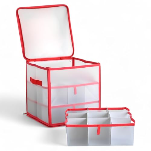 MIJOMA Aufbewahrungsbox Sortierbox Weihnachtstasche für Christbaumkugeln und Weihnachtsschmuck, zusammenklappbar, transparent (Rot, 31,5 x 31,5 x 31,5 cm für 27 Teile mit Einsätzen) von MIJOMA