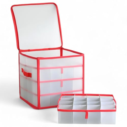 MIJOMA Aufbewahrungsbox Sortierbox Weihnachtstasche für Christbaumkugeln und Weihnachtsschmuck, zusammenklappbar, transparent (Rot, 31,5 x 31,5 x 31,5 cm für 64 Teile mit Einsätzen) von MIJOMA