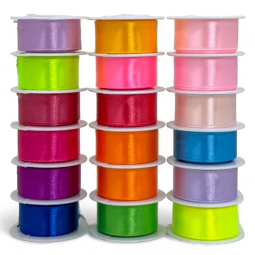 MIJOMA Bunte Geschenkbänder aus Stoff, 18 Rollen á 2m - Vielseitig einsetzbares Schleifenband für Dekoration, Kunsthandwerk und Geschenkverpackung, 1,5cm Breite, aus 100% Polyester (Bunte Farben) von MIJOMA