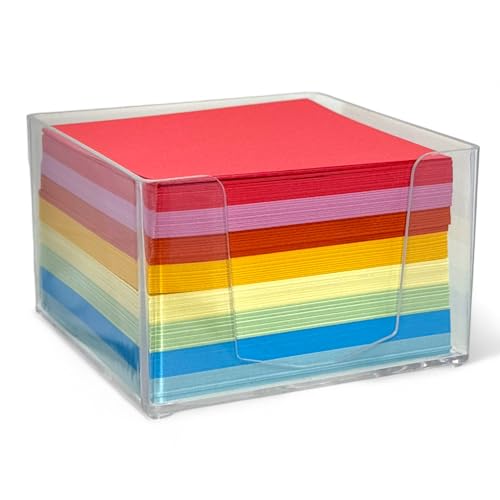 MIJOMA Bunter Zettelblock 75x75mm – 500 Memo Sheets in einem transparenten Acryl Zettelkasten 9x9x5.5cm – Perfekt für Büro, Schule und Zuhause von MIJOMA