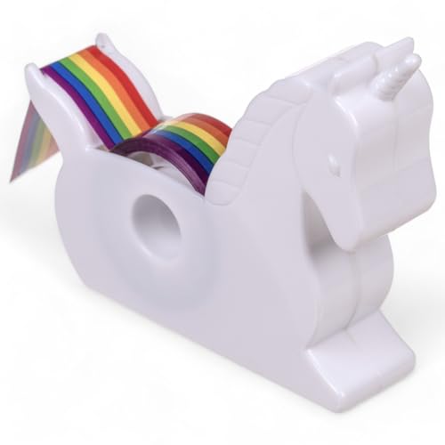 MIJOMA Einhorn Klebeband-Abroller – Zauberhafter Bürohelfer mit Regenbogen-Klebeband, Weißer Kunststoff, Ideal für Geschenkverpackung & Bastelarbeiten, 10x9x3cm von MIJOMA