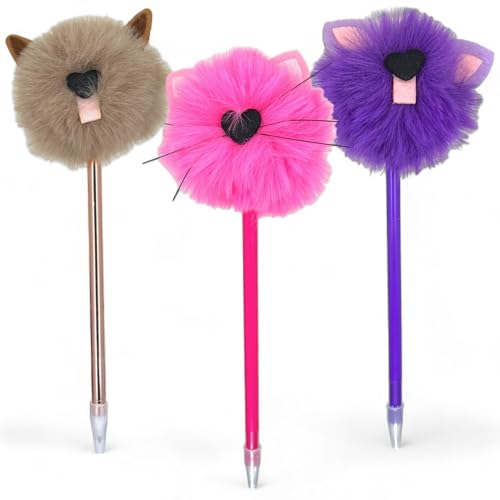 MIJOMA Flauschige PomPom Kugelschreiber – Farbenfroh & Trendy für Schule, Büro, Zuhause, 21cm (Katze & Maus, 3 Stück) von MIJOMA