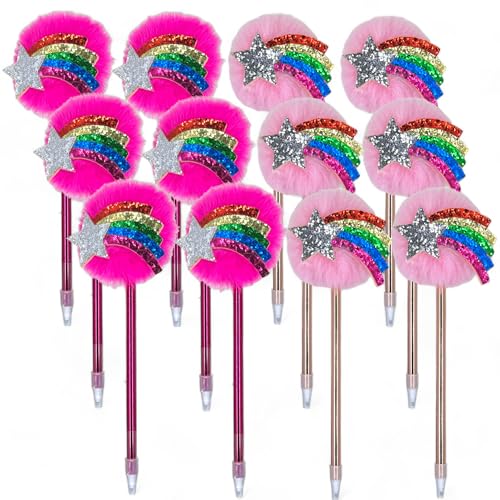 MIJOMA Flauschige PomPom Kugelschreiber – Farbenfroh & Trendy für Schule, Büro, Zuhause, 21cm (Regenbogen Stern, 12 Stück) von MIJOMA