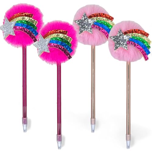 MIJOMA Flauschige PomPom Kugelschreiber – Farbenfroh & Trendy für Schule, Büro, Zuhause, 21cm (Regenbogen Stern, 4 Stück) von MIJOMA