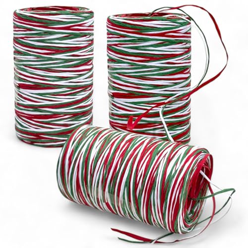 MIJOMA Geschenkband 100 m - Zwirn-Design in Rot, Weiß & Grün aus Papier – Ideal für Weihnachten, Basteln & Verpackungen (3 Rollen Geschenkband je 100m) von MIJOMA