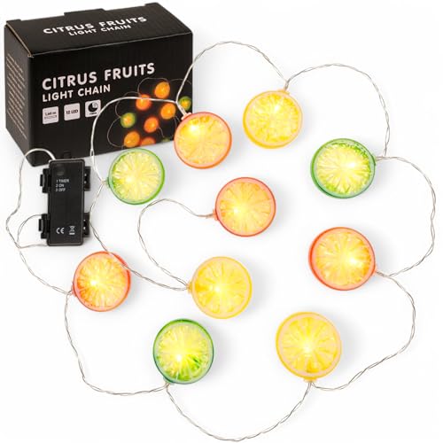 MIJOMA LED-Lichterkette Citrus Früchte – 12 LEDs, 1,60 m, Timer 6/18 Std., IP44, Batteriebetrieb (2x AA) – Dekorative Beleuchtung für Innen & Außen von MIJOMA