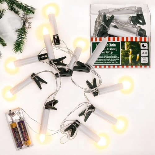 MIJOMA LED Lichterkette mit 10 Kerzen und Clips, 3m Länge, Batterie betrieben, 6/18 Timer – Flexibel und Ideal für Weihnachtsdeko von MIJOMA