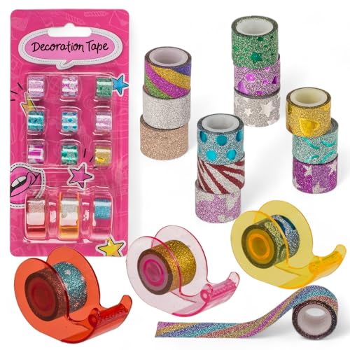 MIJOMA Set mit 12 Rollen Mini Deko-Klebeband und 3 Mini-Abrollern – Glitzernd, Vielfältige Designs: Punkte, Herzen, Sterne, Ideal für DIY & Bastelprojekte von MIJOMA