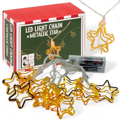 MIJOMA Sternen-Lichterkette, 3D Sterne aus goldfarbenem Metall, 10 LED, 6-Stunden-Timer, 1,84m, Weihnachtsschmuck, batteriebetrieben, dekorative Beleuchtung von MIJOMA