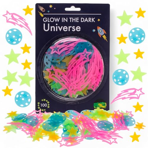 MIJOMA Zauberhaftes Universum Wandsticker Set – 100-teilig Nachleuchtende Sterne & Planeten, Glow in the Dark, Sternenwelt Neonfarben, komplett mit Klebepunkten, für Kinderzimmer und Sternenhimmel von MIJOMA