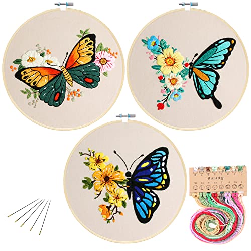 MIKIMIQI 3er-Pack Stickerei-Starter-Set mit Muster, Blumen Schmetterling gestempeltes Stickset einschließlich Stickstoffe, Bambusreifen, Fäden Nadeln, Hobbys für Frauen (Grün, Gelb, Blau) von MIKIMIQI