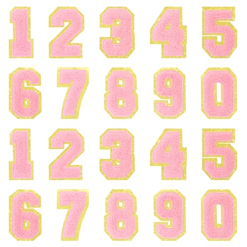 MIKIMIQI Chenille-Zahlen-Aufnäher, zum Aufbügeln, niedlich, 8 cm, Chenille, bestickte Applikation für Kleidung, zum Aufnähen auf Glitzer, goldfarbener Rand, dekorativer Aufnäher für DIY-Dekorationen, von MIKIMIQI