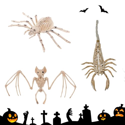 MILAIUN Halloween Skelett Dekorationen mit beweglichen Gelenken, gruselige Fledermaus-Skelett, simulierte Spinne, Halloween Requisiten Scary Tier Skelett für Halloween Dekoration 3pcs Set von MILAIUN