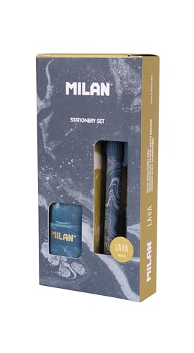 MILAN® Geschenkbox, Serie Lava, mit Kugelschreiber P1, Druckbleistift PL1 0,5 mm HB und Spitzer, Blau von MILAN