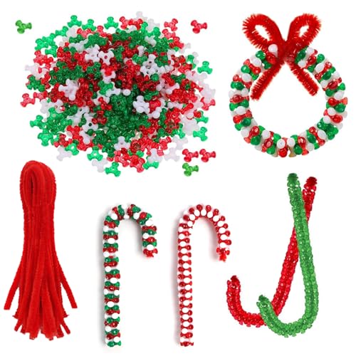 MILIAFLICK 530 Stück Perlen Weihnachten Basteln Weihnachten Kinder Weihnachtsperlen Ornament Set Weihnachten Pfeifenreiniger Chenille Stiel Weihnachts Bastelkranz für Kinder Kranz DIY Handwerk Dekor von MILIAFLICK