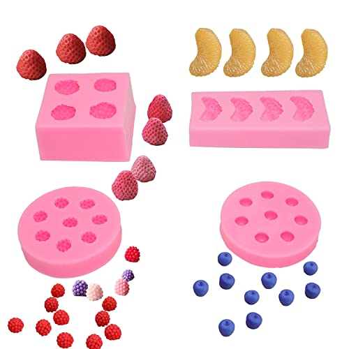4-teiliges Set aus Obst-Gelee-Formen, 3D-Erdbeere, Orange, Himbeere und Blaubeere, Silikon-Formen für Fondant, Seife, Wachs, Schmelzwachs, Süßigkeiten-Form für Kuchen, Cupcake-Topper von MILIVIXAY