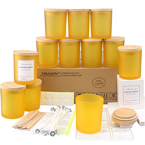 MILIVIXAY Mattierte gelbe Kerzengläser aus Glas mit Deckeln und Kerzenherstellungs-Sets, leere Kerzengläser im Großpack zum Kerzenmachen, Gewürz- und Pulverdosen, 12er-Pack, 200 ml von MILIVIXAY