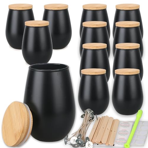 MILIVIXAY 12 Stück 325 ml Kerzengläser mit Bambusdeckel und Kerzenherstellungs-Kits – mattschwarze Kerzengläser, leere ovale Design-Kerzengläser für die Herstellung großer Kerzen, Gewürze, von MILIVIXAY