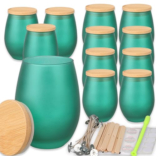 MILIVIXAY Kerzengläser mit Bambusdeckel und Kerzenherstellungs-Kits – mattgrüne Kerzengläser, leere ovale Design-Kerzengläser für die Herstellung großer Kerzen, Gewürz-, Pulverbehälter, 12 Stück von MILIVIXAY