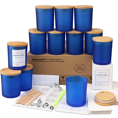 MILIVIXAY Mattierte blaue Kerzengläser aus Glas mit Deckeln und Kerzenherstellungs-Sets, leere Kerzengläser im Großpack zum Kerzenmachen, Gewürz- und Pulverdosen, 12er-Pack, 295 ml von MILIVIXAY