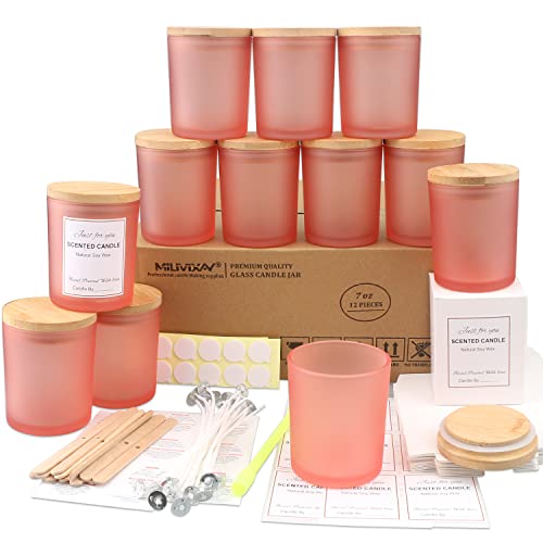 MILIVIXAY Mattierte rosa Kerzengläser aus Glas mit Deckeln und Kerzenherstellungs-Sets, leere Kerzengläser im Großpack zum Kerzenmachen, Gewürz- und Pulverdosen, 12er-Pack, 200 ml von MILIVIXAY