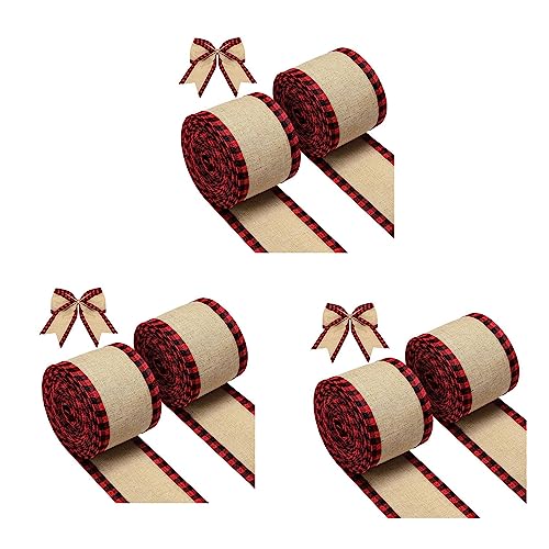 MILUZD 6 x Drahtrand Weihnachtsbänder aus Jute, Stoff, Geschenkband, Rollen mit kariertem Rand, Rot von MILUZD