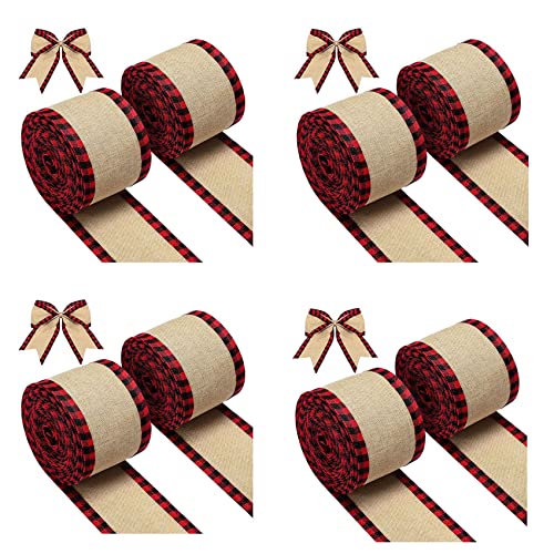 MILUZD Geschenkband mit Drahtrand, Weihnachten, Jute, Stoff, Geschenkband, Rollen mit kariertem Rand, Rot, 8 Stück von MILUZD