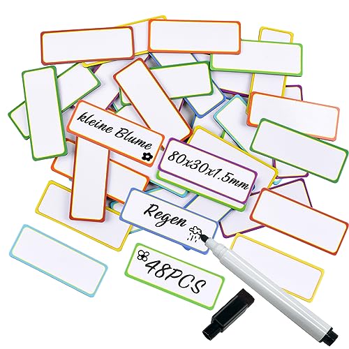 MIN CI 48 Stück Magnetstreifen Beschreibbar, 80 x 30 x 1.5mm Magnetische Aufkleber Whiteboard Magnete Bunt Abwischbar Magnetband für Kühlschrank Notizblöcke Regalbeschriftung von MIN CI