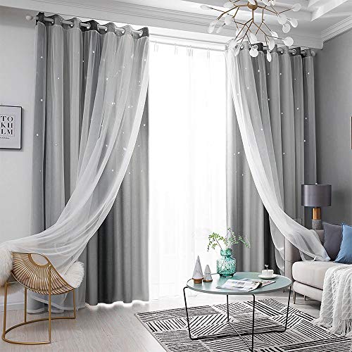 Vorhang Blickdicht Verdunkelungsvorhänge Sterne Gardinen Doppelschicht Sternenvorhänge mit Voile Vorhänge für Mädchen Schlafzimmer Wohnzimmer Kinderzimmer, 2 Stück (Grau, B130 x H 160 cm) von MINGPINHUIUS