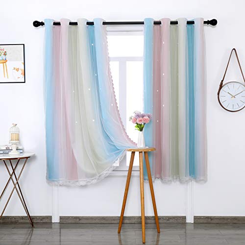 Vorhang Blickdicht Verdunkelungsvorhänge Sterne Gardinen Doppelschicht Sternenvorhänge mit Voile Vorhänge für Mädchen Schlafzimmer Wohnzimmer Kinderzimmer, 2 Stück (Regenbogen, B130 x H 160 cm) von MINGPINHUIUS