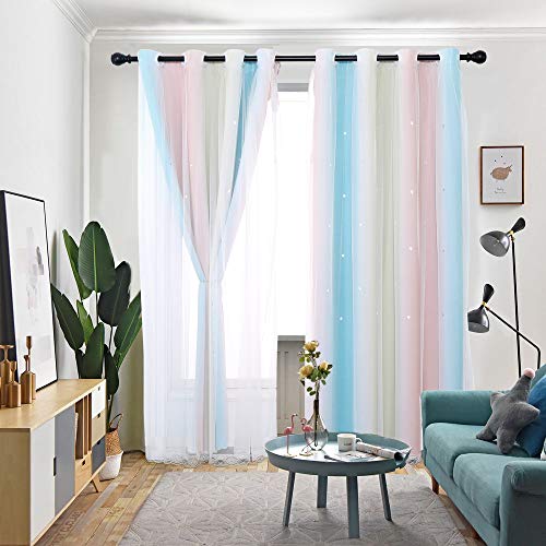 Vorhang Blickdicht Verdunkelungsvorhänge Sterne Gardinen Doppelschicht Sternenvorhänge mit Voile Vorhänge für Mädchen Schlafzimmer Wohnzimmer Kinderzimmer, 2 Stück (Regenbogen, B130 x H 215 cm) von MINGPINHUIUS