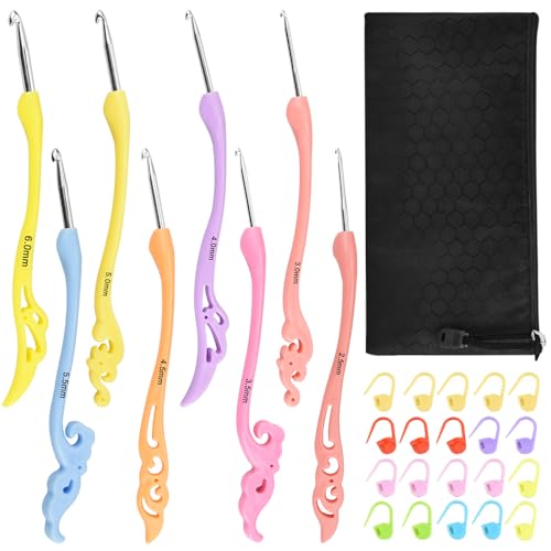 MININUSI Häkelnadel Set 8 Stück, 28 Stück Häkelset 2.5 mm bis 6 mm für Anfänger mit Häkel Zubehör, Ergonomische Häkelnadeln Soft Häckelnadel Crochet Set, Häkelnadeln Set mit Tragbaren Fall von MININUSI