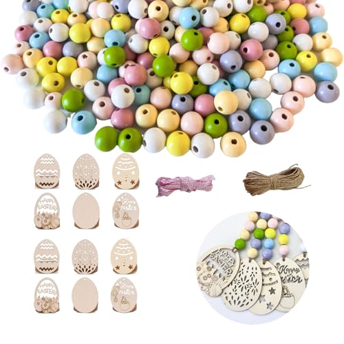 MINISONA Macaron Bunte Osterholzperlenkranz Oster Holzperlen Girlande für abgestufte Tablett Ostern Anhänger Holzdeko Holzscheiben DIY Basteln Baumschmuck (DIY Osterei Set) von MINISONA