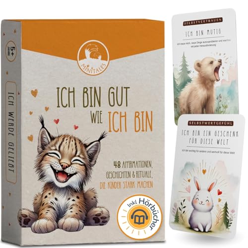 MINITALES® 48 Affirmationskarten Kinder | ICH BIN gut wie ICH BIN | Achtsamkeit, Resilienz & Selbstbewusstsein stärken | Gefühlskarten für Kinder & Selbstliebe Karten von MINITALES