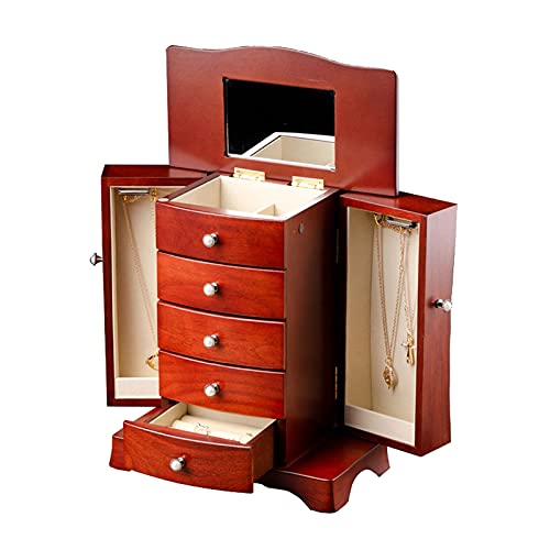 MINJING Make-up-Organizer, Holz-Schmuckschatulle für Damen, Massivholz, Schmuckschatulle mit Turm-Stil, 4 Schubladen, Organizer und 2 getrennten offenen Türen auf 2 Seiten und großem von MINJING