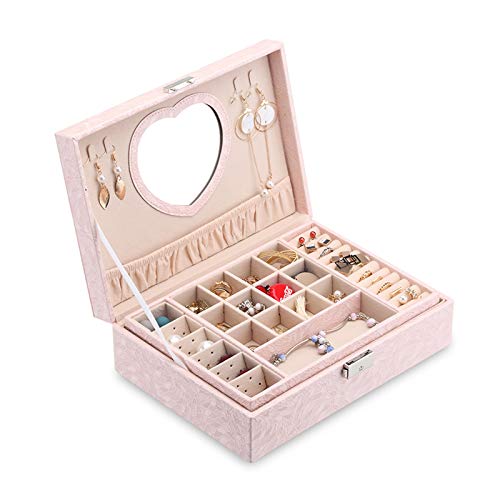 MINJING Schmuck-Organizer, 2-lagig, Premium-Schmuckschatulle für Damen, große Reise-Schmuck-Aufbewahrungsbox mit Spiegelschloss und Schlüssel für Halskette, Ohrringe, Ring, Armband von MINJING