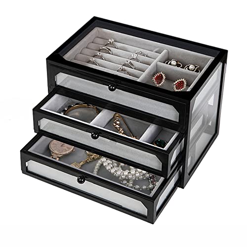 MINJING Schmuck-Organizer, 3 Schubladen, transparentes gehärtetes Glas, Schmuckschatulle, Geschenk für Damen, Herren, kleines Mädchen, stapelbar, Samt, Ohrringhalter für Ohrringe, Ringe, Armbänder, von MINJING