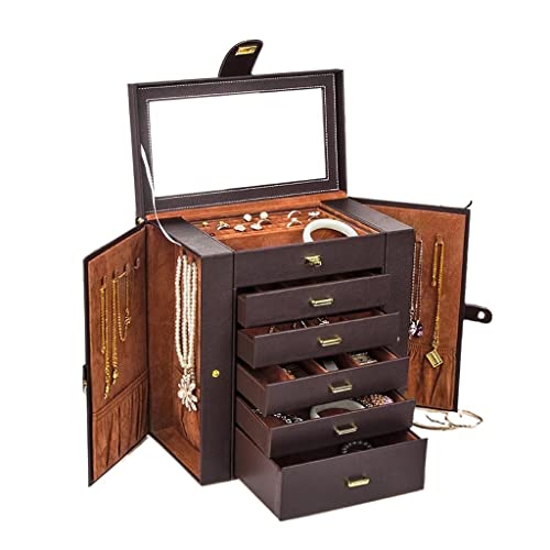 MINJING Schmuck-Organizer, Schmuckkästchen, groß, 6 Ebenen mit 5 Schubladen, PU-Leder, Schmuck-Organizer mit Spiegel, Schmuckkästchen für Frauen und Mädchen, Geschenk-Schmuckschatullen für Frauen von MINJING