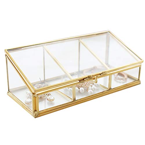 MINJING Schmuckkästchen, goldene Schmuckschatulle, klares Glas und Messing, Metallaufbewahrung, Schmuck-Display mit Deckel, 3 Fächer, Ringe, Armband, Schmuck-Organizer von MINJING