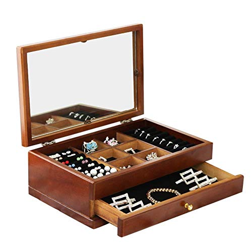 MINJING Schmuckkästchen aus Holz, 2-lagig, mit extra großem verspiegeltem Schmuck-Organizer für Ringe, Ohrringe, Armbänder, Schmuckschatulle für Damen von MINJING