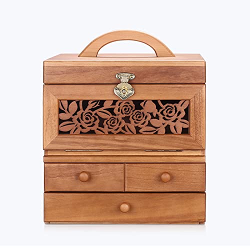 MINJING Schmuckschatulle mit Spiegel, große Kapazität, Retro-Schmuckschatulle aus Massivholz für Damen, Schreibtisch-Schmuck-Organizer-Box von MINJING