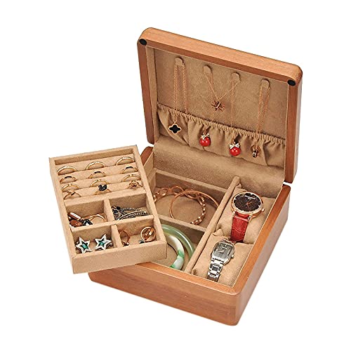 MINJING Tisch-Halskettenhalter, Holz-Schmuckschatulle, Organizer, 2 Ebenen, Schmuck-Präsentation, Aufbewahrungsbox, Ohrring-, Ring-, Uhren-Organizer, tragbare Reiseetui für Frauen und Mädchen von MINJING