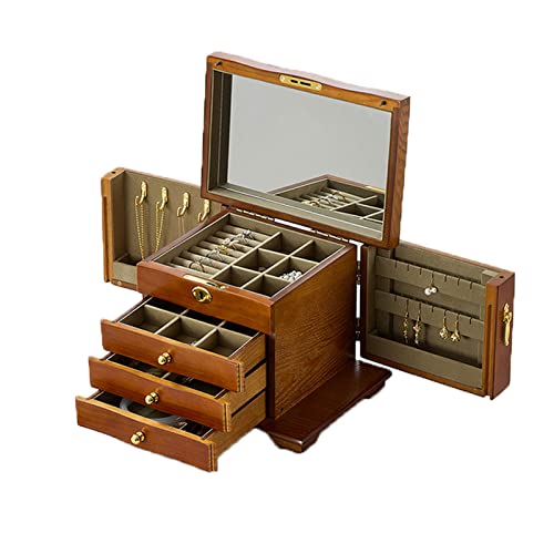 MINJING Vintage-Schmuck-Organizer aus Massivholz für Damen, mehrschichtige Schmuckschatullen für Ringe, Ohrringe, Halsketten, Armbänder von MINJING