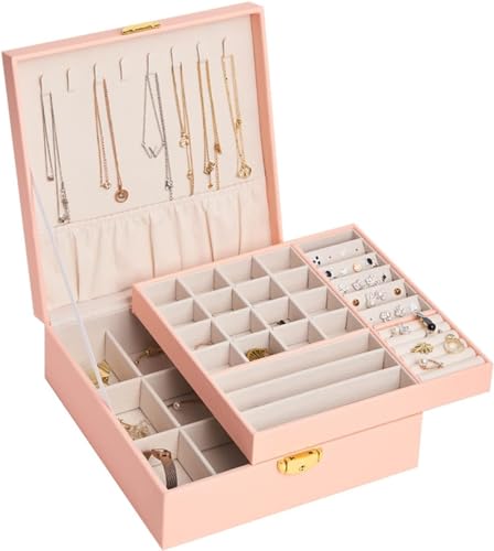 Schmuckschatulle für Damen, Reise-Schmuckschatulle, große Kapazität, Ring-, Halsketten-Organizer, Ohrringe, Schmuck, doppelte Aufbewahrungsbox, herausnehmbare Trennwand, Schmuck-Organizer, tragbarer von MINJING